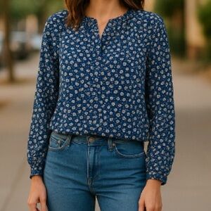 A.N.A. A New Approach Womens Blouse Shirt Top Size XS Blue Floral Long Sleeve